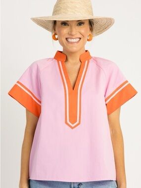 THML Pink Short Sleeve Split-Neck Top with Orange Trim. Sz S